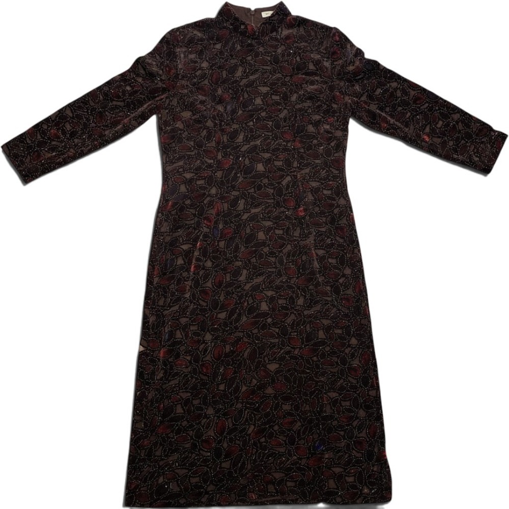 Vintage Burnout Velvet Mandarin Collar Dress Glitter Mesh Midi Red Purple OSFM